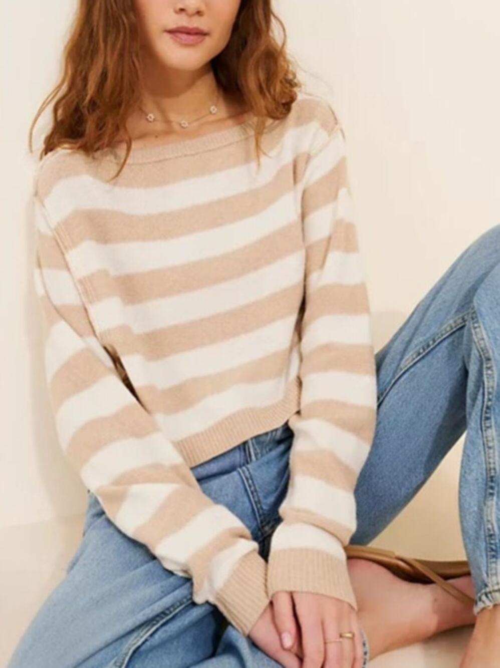 We The Free Into The Blue Striped Sweater Crop Small Tan Cream Granola Cozy Fall